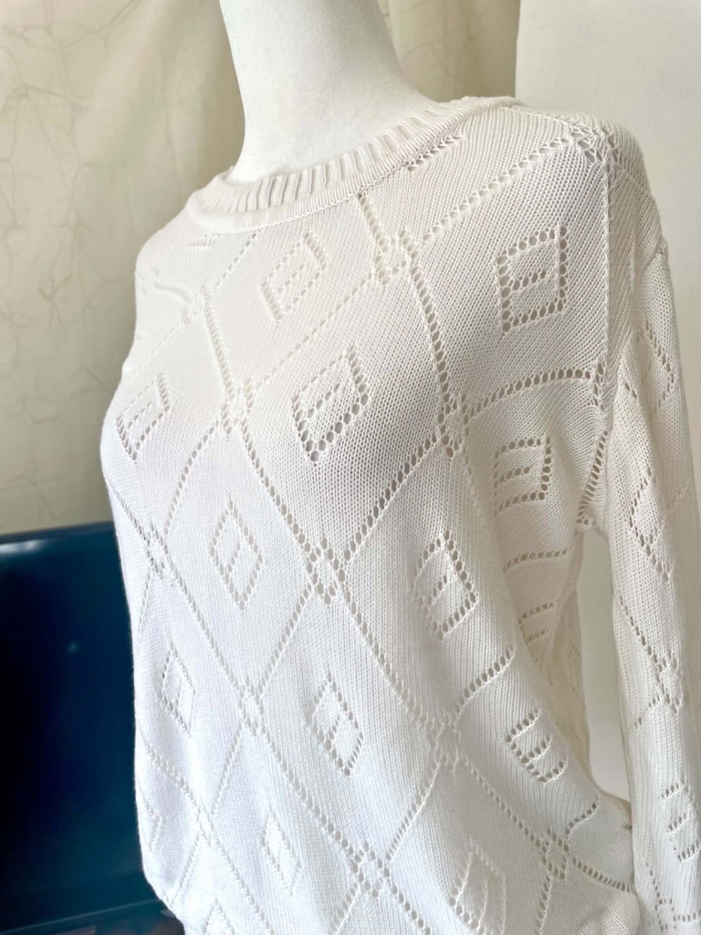 Fall Ivory Crochet Knit Argyle Open Weave Sweater L